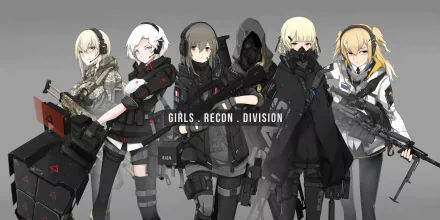 HD desktop wallpaper featuring an original anime illustration of five characters with various hairstyles and accessories like gas masks, guns, headphones, and hoodies. Text reads Girls Recon Division.