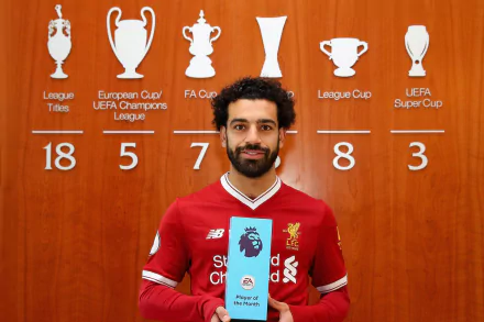 HD desktop wallpaper of Egyptian soccer star Mohamed Salah in a Liverpool jersey, holding the Premier League Player of the Month award with his major trophies displayed behind him.