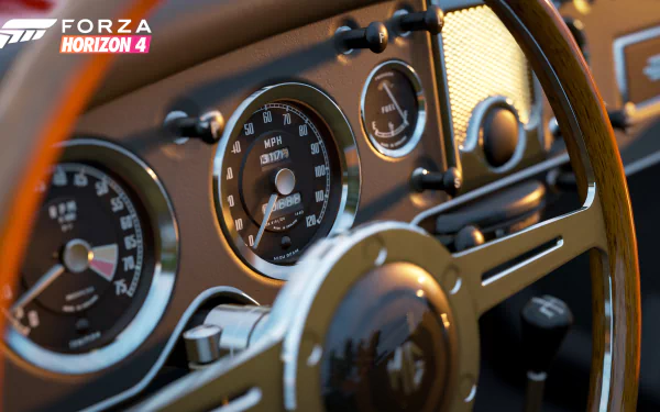 Close-up of a classic car dashboard from Forza Horizon 4, showcased as a 4K Ultra HD PC desktop wallpaper and background.