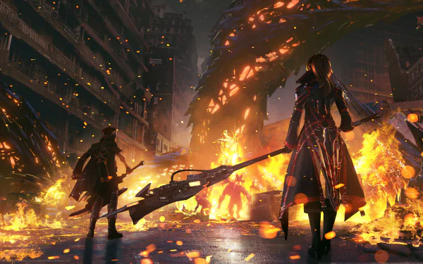 4K Ultra HD Code Vein PC wallpaper featuring two characters wielding weapons amid a fiery, destroyed urban battlefield.