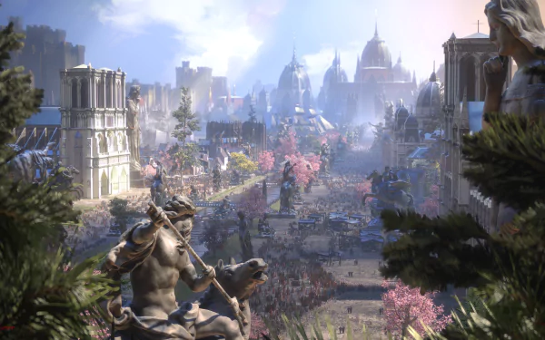 HD PC desktop wallpaper featuring a fantasy city with grand buildings, a large crowd, and detailed statues amidst blooming trees under a bright sky.