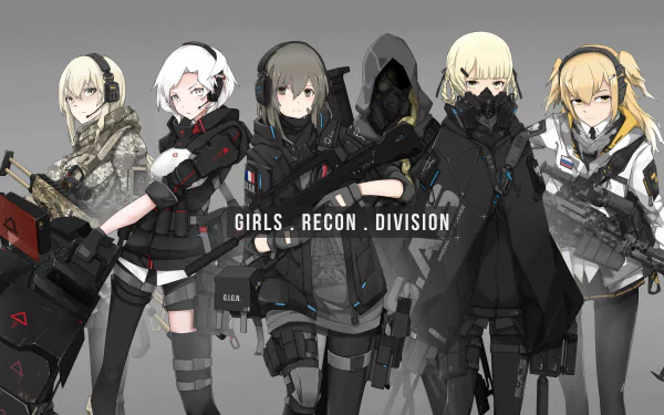HD desktop wallpaper featuring an original anime illustration of five characters with various hairstyles and accessories like gas masks, guns, headphones, and hoodies. Text reads Girls Recon Division.