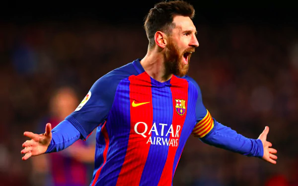 HD desktop wallpaper featuring Argentinian soccer player Lionel Messi in action, wearing a blue and red striped jersey with Qatar Airways sponsorship.