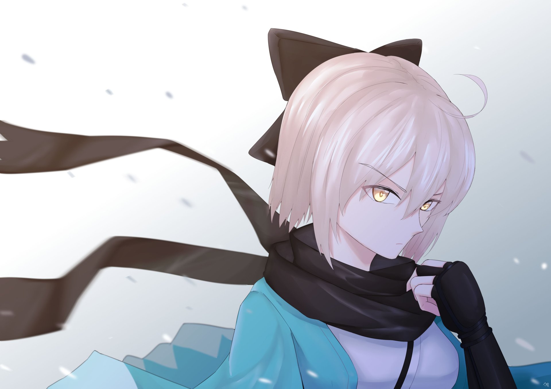 Sakura Saber from Fate/Grand Order — anime portrait with pale pink bob, golden eyes, black scarf and flowing ribbons against a soft gradient; 2K Quad HD PC desktop wallpaper background.