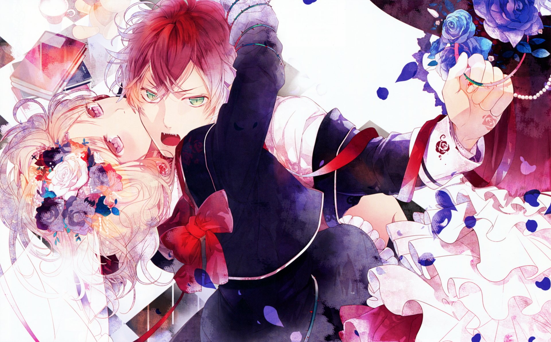 Vibrant 8K Ultra HD anime wallpaper featuring Ayato Sakamaki and Yui Komori from Diabolik Lovers with detailed floral and fantasy elements.
