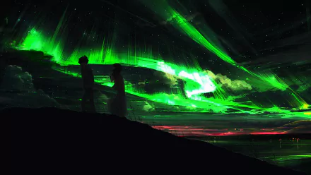 HD desktop wallpaper featuring anime scene from 5 Centimeters per Second with two silhouetted figures under a vibrant, green-lit night sky.