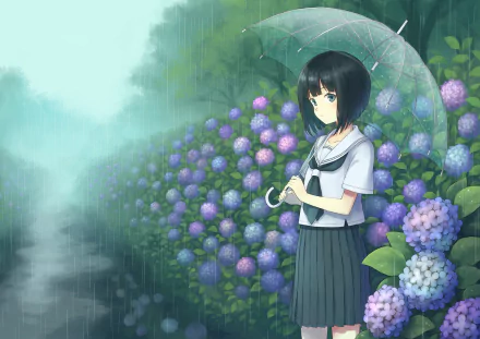 HD anime-style original desktop wallpaper featuring a girl in a school uniform holding a transparent umbrella beside blooming hydrangeas in the rain.