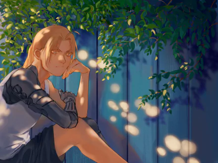 Edward Elric from Fullmetal Alchemist is depicted in this detailed 4K Ultra HD anime wallpaper, sitting thoughtfully under dappled sunlight and leafy shadows.