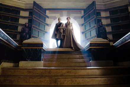 Sansa Stark and Joffrey Baratheon stand on sunlit steps in a grand throne room — Game of Thrones 4K Ultra HD PC desktop wallpaper.