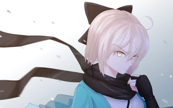 Sakura Saber from Fate/Grand Order — anime portrait with pale pink bob, golden eyes, black scarf and flowing ribbons against a soft gradient; 2K Quad HD PC desktop wallpaper background.