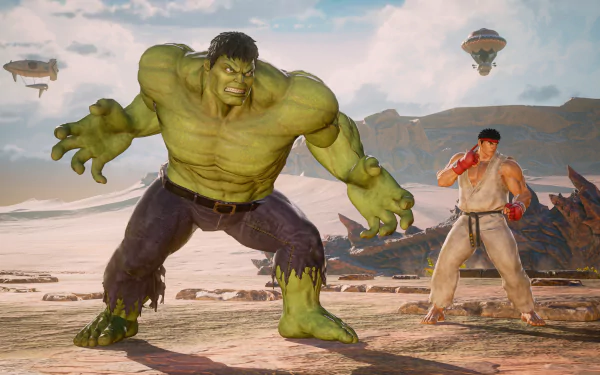 4K Ultra HD PC wallpaper of video game characters Hulk and Ryu (Street Fighter) from Marvel vs. Capcom: Infinite, facing off on a rocky beach with airships in the sky.