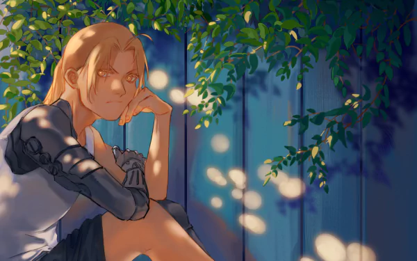 Edward Elric from Fullmetal Alchemist is depicted in this detailed 4K Ultra HD anime wallpaper, sitting thoughtfully under dappled sunlight and leafy shadows.