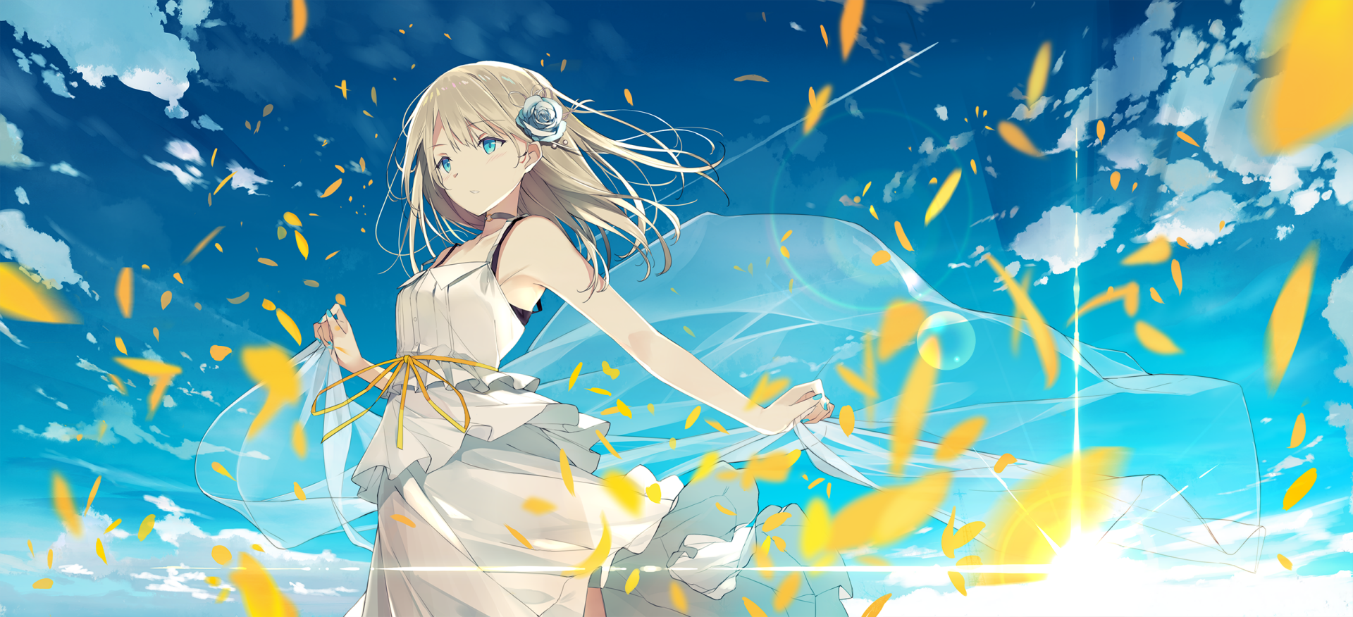 HD anime desktop wallpaper featuring an original character with flowing blonde hair against a bright blue sky, adorned with yellow petals floating around.