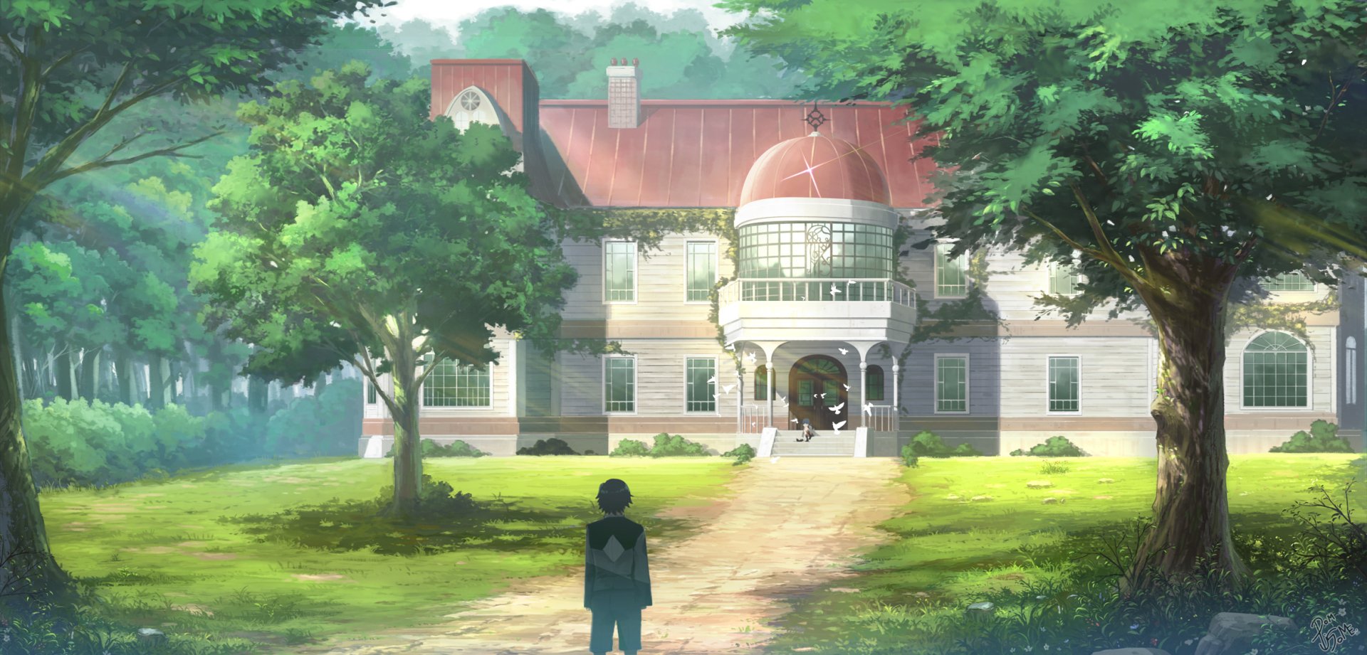 HD PC desktop wallpaper of an anime scene from Darling in the FranXX, featuring a character standing before a sunlit, large house surrounded by lush green trees.
