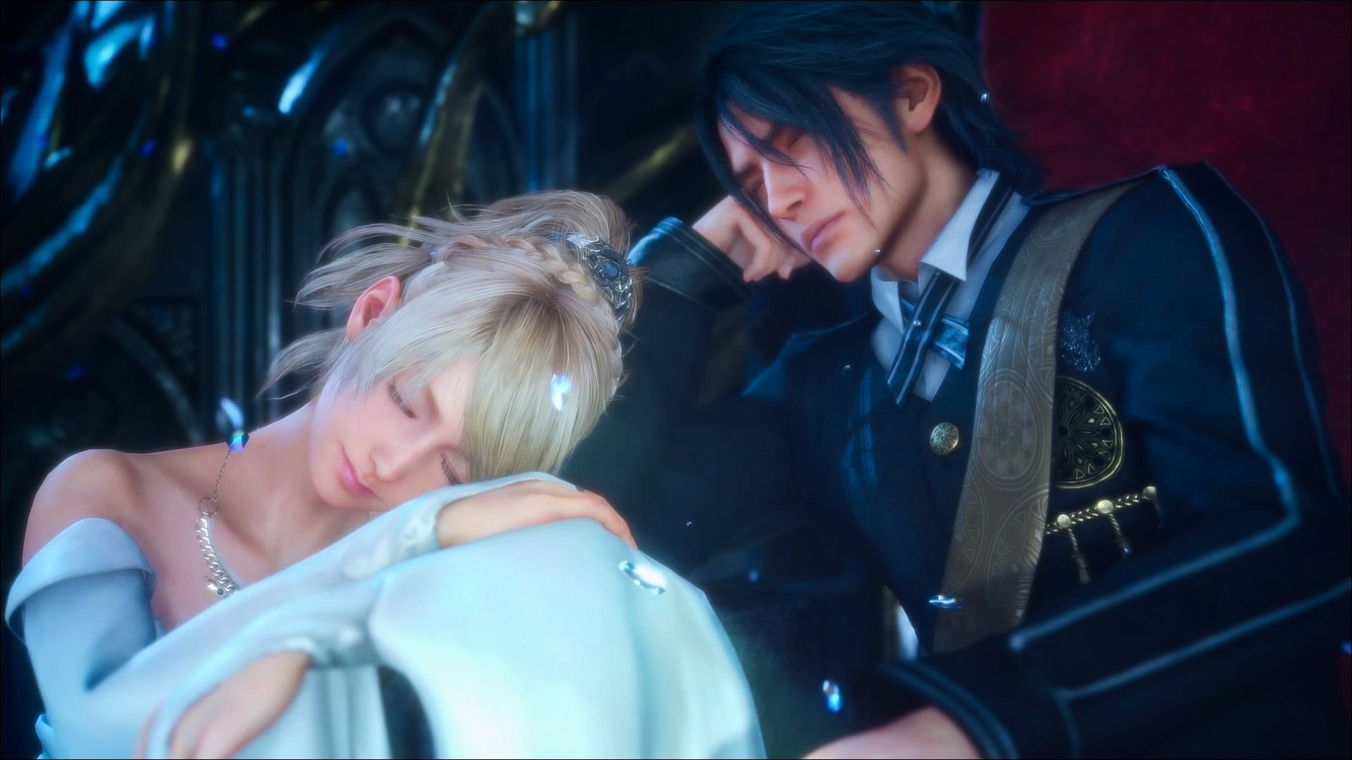 HD PC wallpaper featuring Lunafreya Nox Fleuret and Noctis Lucis Caelum from the video game Final Fantasy XV, showing a serene moment between the characters.