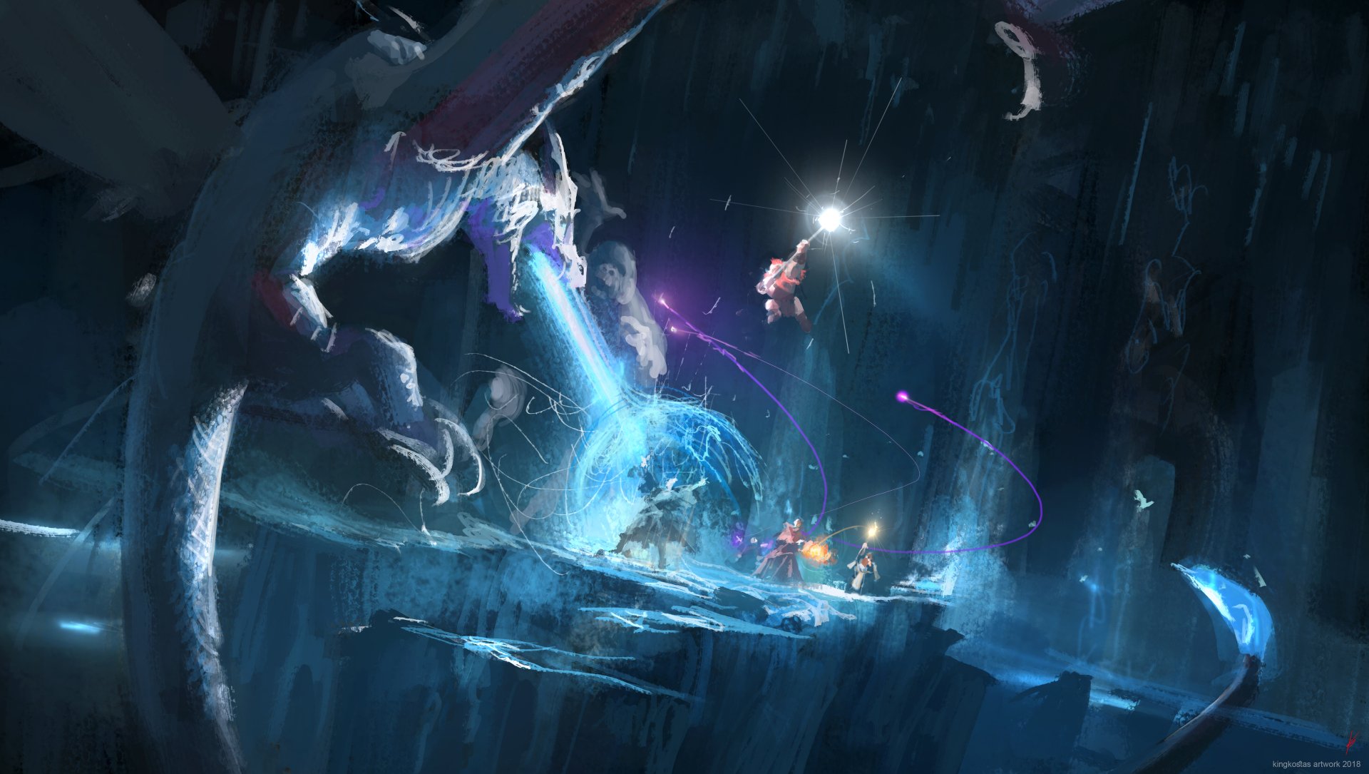 A 4K Ultra HD fantasy battle scene depicting a magical wyvern unleashing energy against warriors in a dark, mystical cavern.