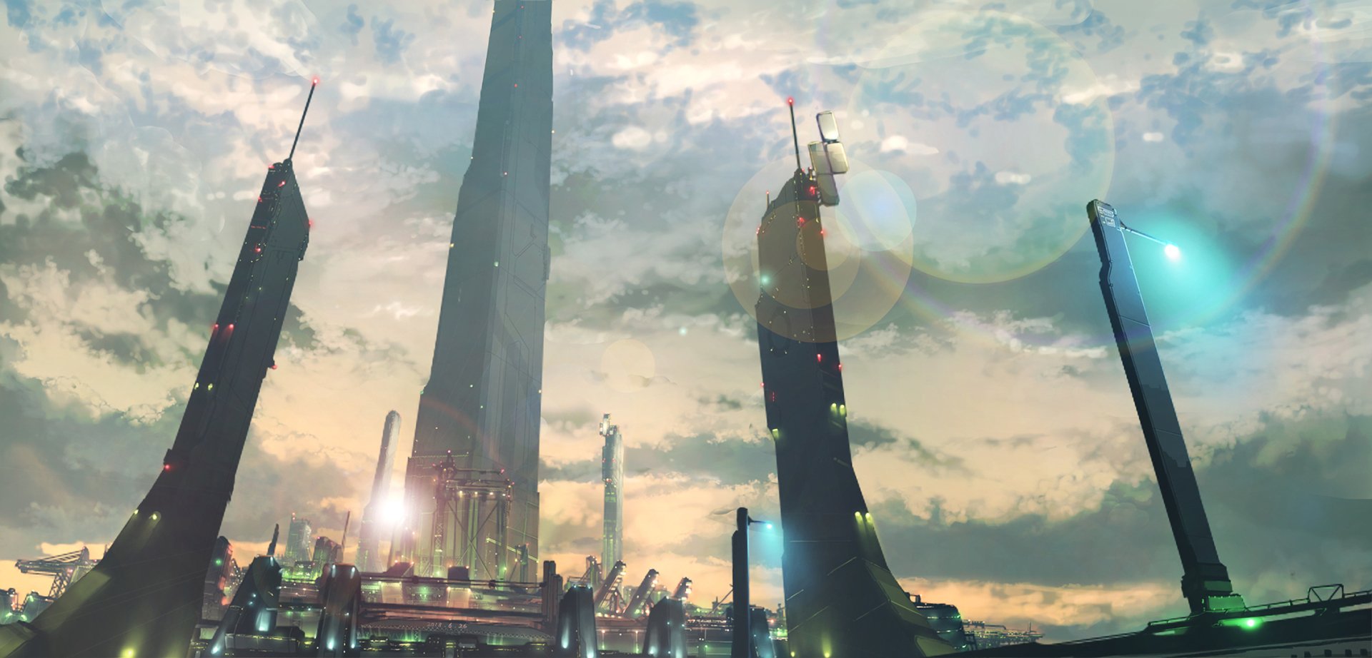 HD PC desktop wallpaper of a sprawling sci-fi cityscape with towering futuristic buildings under a cloudy sky.