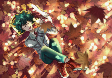 Izuku Midoriya (My Hero Academia) laughing while lying in a carpet of autumn leaves — vibrant autumn anime 2K Quad HD PC desktop wallpaper background.