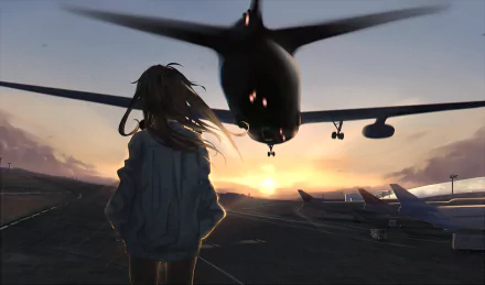 HD wallpaper of an anime character at an airport, watching an airplane in flight against a sunset sky.