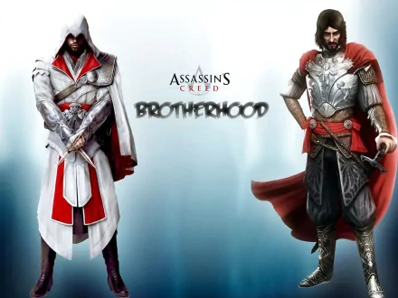 HD PC desktop wallpaper featuring two characters from the video game Assassin's Creed: Brotherhood, with the game title centered against a light blue background.