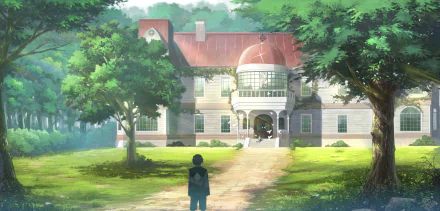 HD PC desktop wallpaper of an anime scene from Darling in the FranXX, featuring a character standing before a sunlit, large house surrounded by lush green trees.