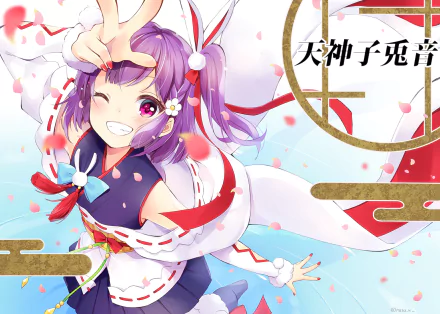 HD PC desktop wallpaper/background of anime Virtual YouTuber Tenjin Kotone: cheerful purple-haired character in white-and-navy outfit with bunny-ear ribbons, winking amid petals and gold accents.