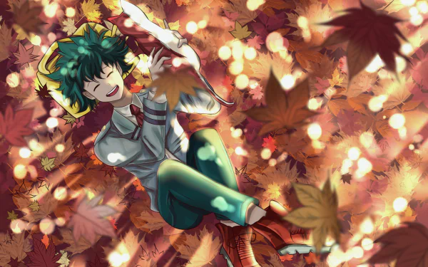 Izuku Midoriya (My Hero Academia) laughing while lying in a carpet of autumn leaves — vibrant autumn anime 2K Quad HD PC desktop wallpaper background.