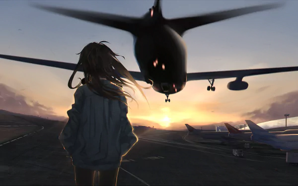HD wallpaper of an anime character at an airport, watching an airplane in flight against a sunset sky.