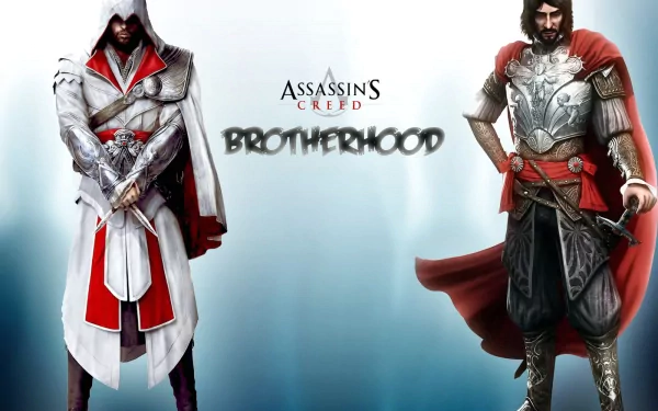 HD PC desktop wallpaper featuring two characters from the video game Assassin's Creed: Brotherhood, with the game title centered against a light blue background.