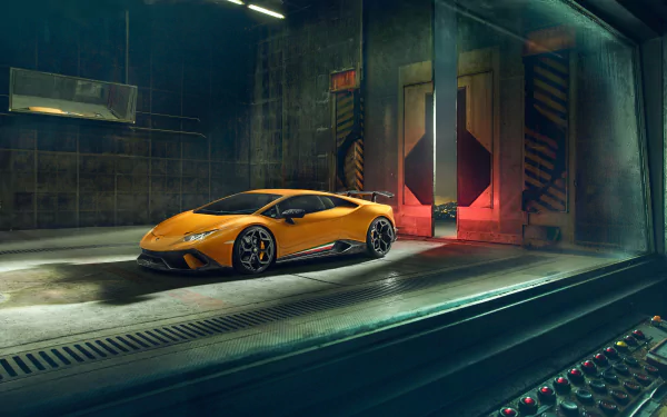 A yellow Lamborghini Huracan Performante supercar parked inside an industrial garage, showcased in sharp 4K Ultra HD detail as a PC desktop wallpaper.