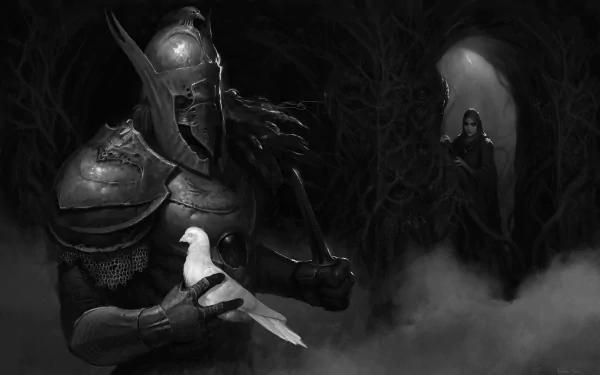 4K Ultra HD wallpaper of a dark armored warrior holding a knife, gently cradling a white dove, with a shadowy figure standing in a misty, eerie background.