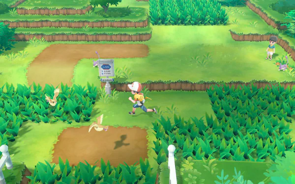 HD wallpaper from Pokémon: Let's Go Pikachu and Let's Go Eevee featuring in-game characters and lush grassy landscape.