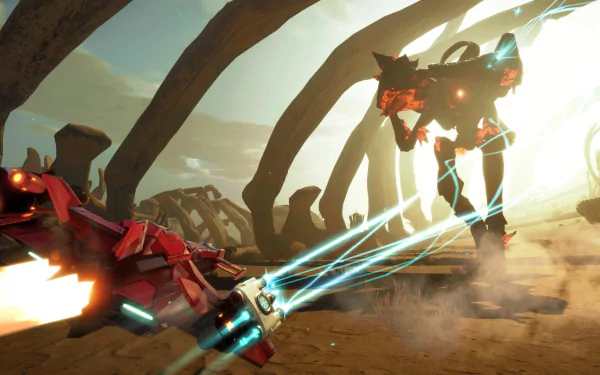 HD desktop wallpaper from Starlink: Battle for Atlas depicting a spacecraft battle scene with vibrant lasers and desert terrain.