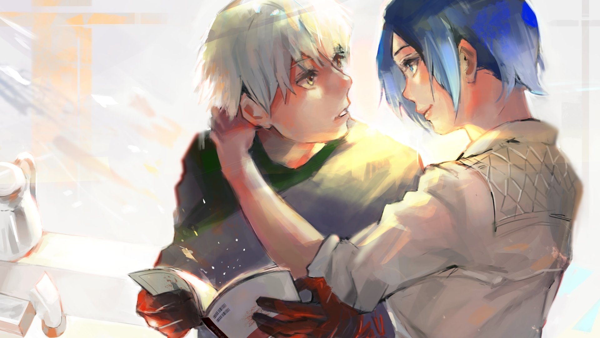 HD desktop wallpaper featuring Ken Kaneki and Touka Kirishima from Tokyo Ghoul:re. The vibrant anime artwork shows a tender moment between the characters as they share a book.