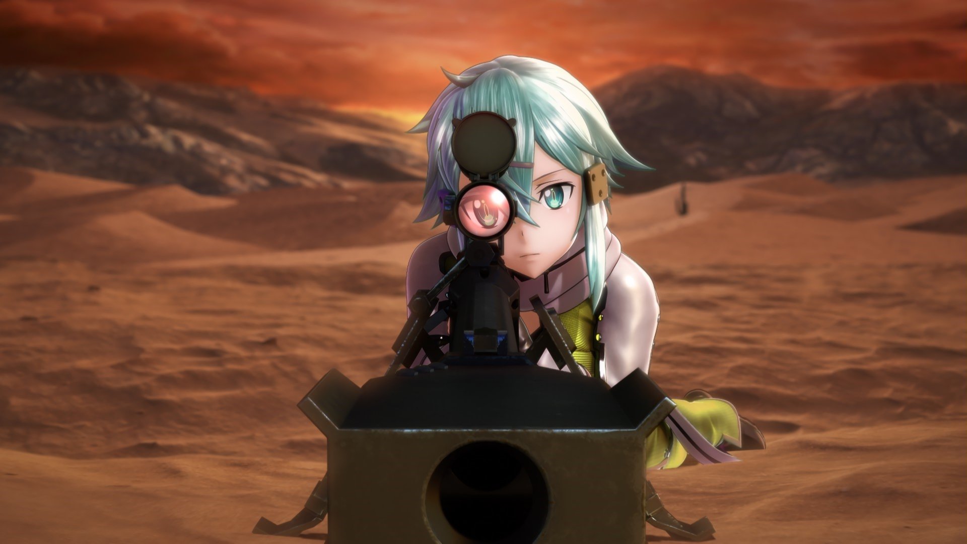 HD desktop wallpaper featuring Sinon from Sword Art Online II with a sniper rifle, set against a dramatic desert background during sunset.