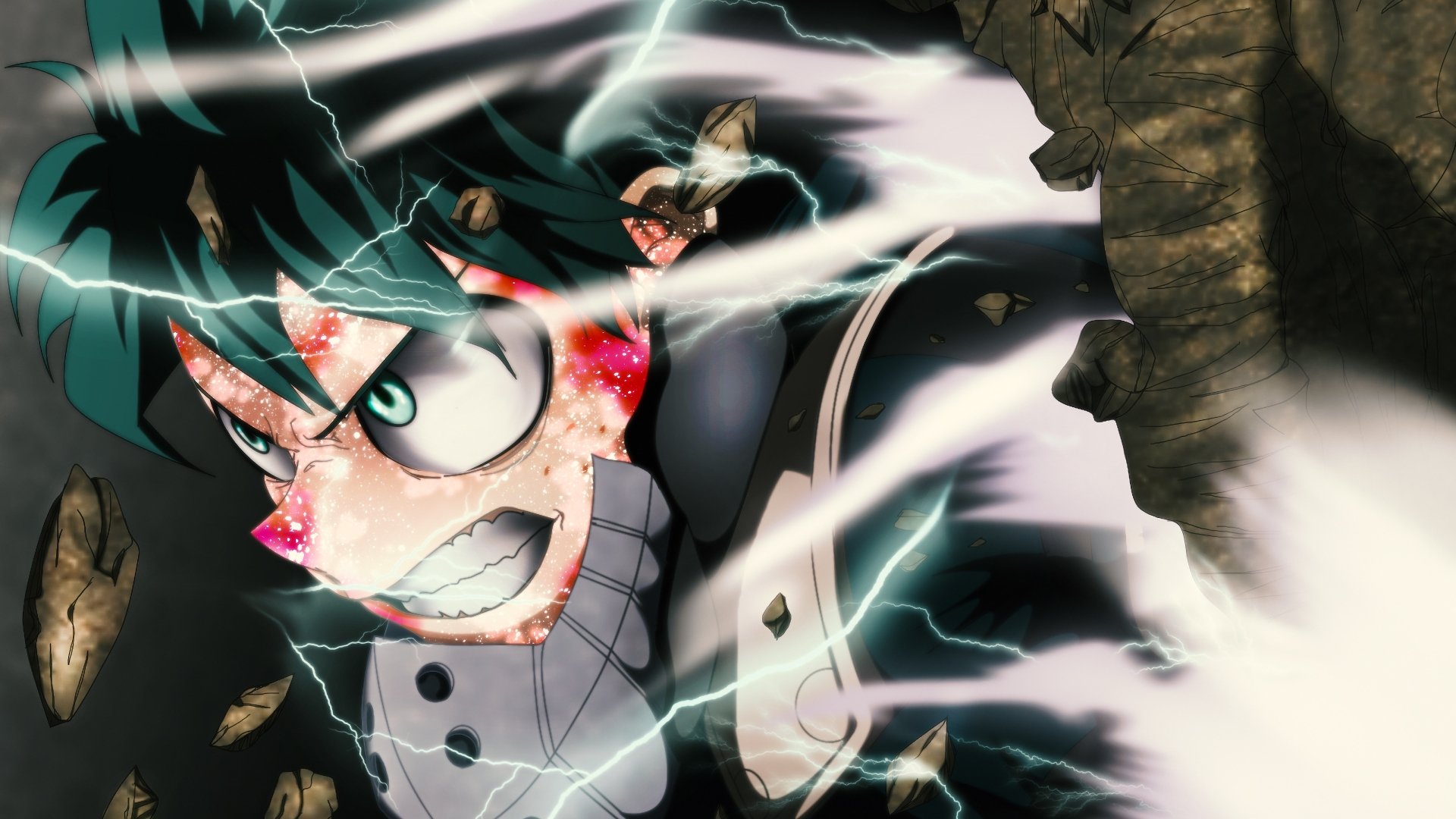 HD desktop wallpaper featuring Izuku Midoriya from My Hero Academia, showcasing his green hair and eyes with a determined expression, surrounded by electricity and debris.