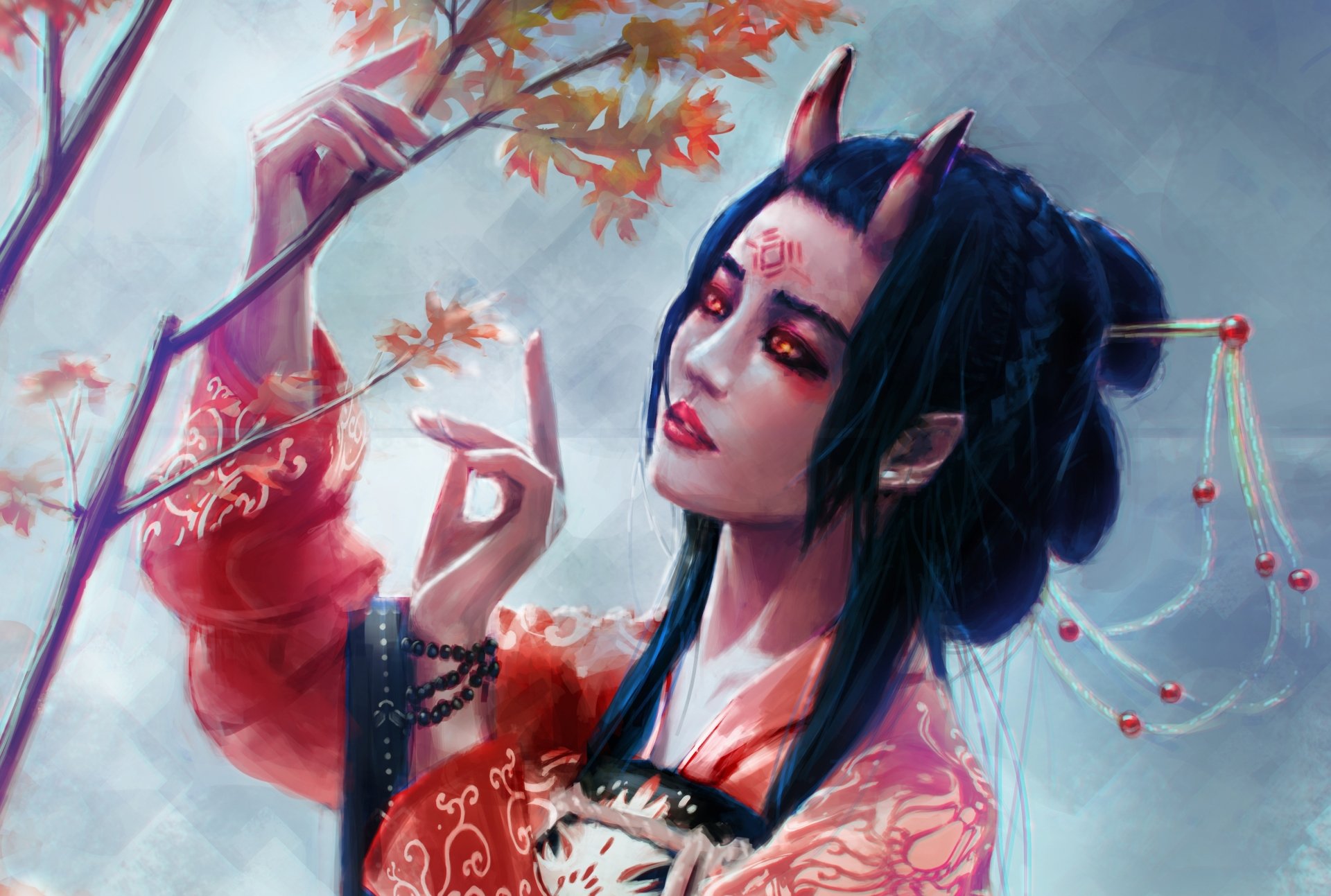 HD fantasy desktop wallpaper featuring an oriental demon woman with black hair, red lipstick, and prominent horns, surrounded by autumn leaves.