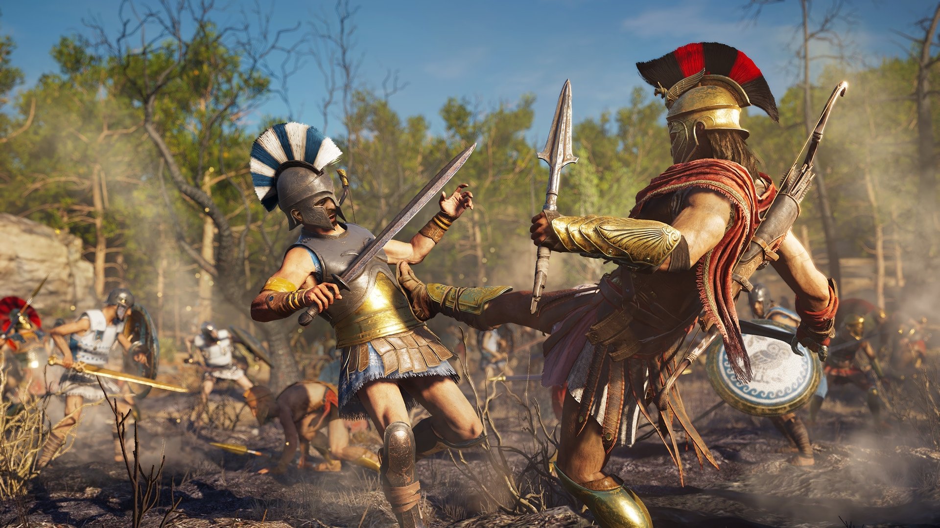 4K Ultra HD wallpaper featuring Spartan soldiers clashing with swords in a war scene from the video game Assassin's Creed Odyssey.