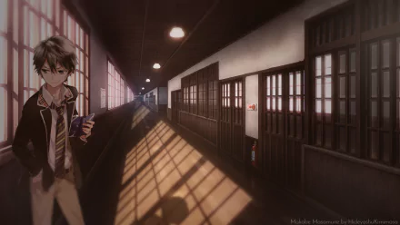 HD PC desktop wallpaper featuring Masamune Makabe from the anime Masamune-kun's Revenge standing in a dimly lit school hallway with long shadows cast on the floor.