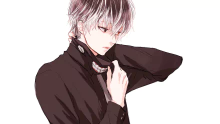 HD desktop wallpaper of Ken Kaneki/Haise Sasaki from Tokyo Ghoul:re, featuring his two-toned hair and heterochromia, set against a crisp, white background.