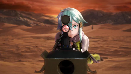 HD desktop wallpaper featuring Sinon from Sword Art Online II with a sniper rifle, set against a dramatic desert background during sunset.