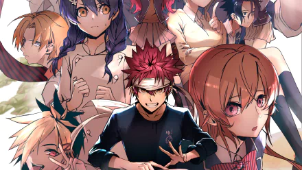 4K Ultra HD Food Wars: Shokugeki no Soma anime wallpaper featuring Rindō Kobayashi, Megumi Tadokoro, Takumi Aldini, Erina Nakiri, Alice Nakiri, Ryō Kurokiba, Terunori Kuga, and Sōma Yukihira.