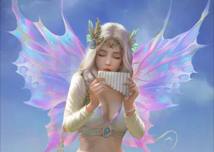 A fantasy fairy with white hair and iridescent wings plays a flute against a soft, cloudy sky in this HD PC desktop wallpaper.