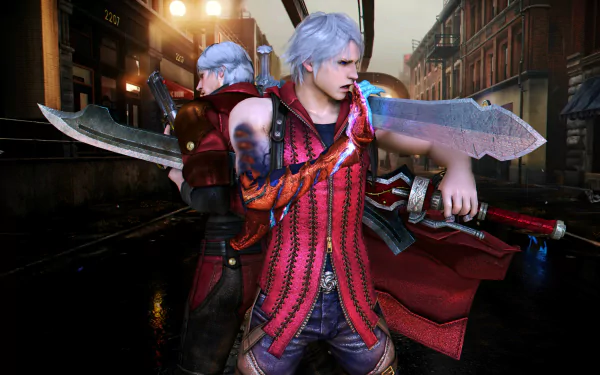 HD PC desktop wallpaper featuring Dante and Nero from Devil May Cry 4, showcasing detailed characters set against a nighttime urban backdrop.