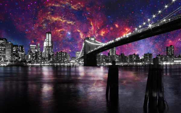 Colorful nebula sky illuminates the Manhattan skyline and Brooklyn Bridge at night in this artistic HD PC desktop wallpaper and background.