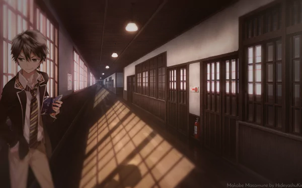 HD PC desktop wallpaper featuring Masamune Makabe from the anime Masamune-kun's Revenge standing in a dimly lit school hallway with long shadows cast on the floor.