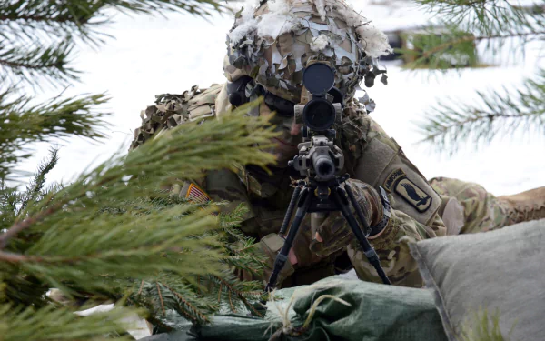 A soldier in camouflage aims a sniper rifle from a concealed position in a snowy, wooded environment, highlighting military precision and stealth.