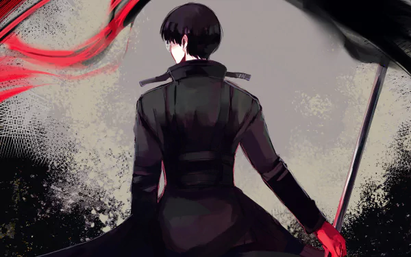 Anime character Ken Kaneki from Tokyo Ghoul in a black coat with black hair. The kagune is visible. This image serves as an HD desktop wallpaper and background.