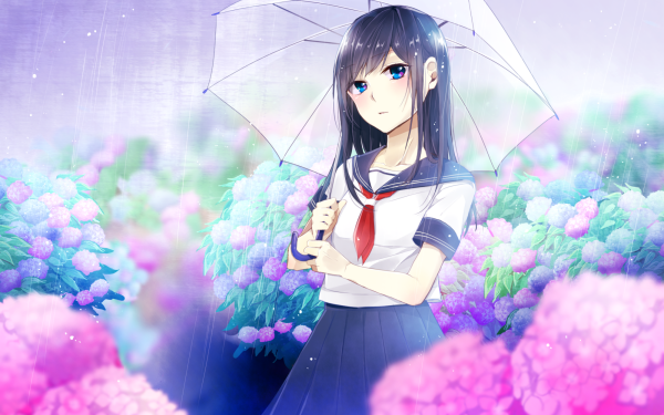 Anime Original Long Hair Umbrella Flower Blue Eyes Black Hair Rain HD Wallpaper | Background Image