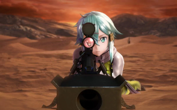 HD desktop wallpaper featuring Sinon from Sword Art Online II with a sniper rifle, set against a dramatic desert background during sunset.